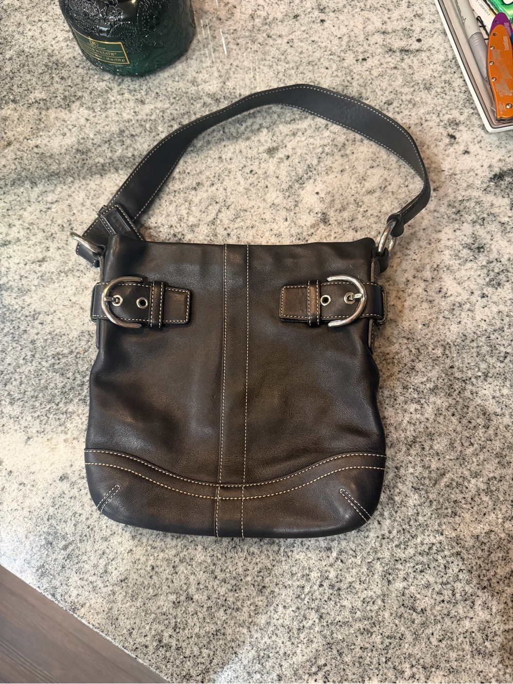 Coach Vintage Soho Black Leather Shoulder Bag with Silver Buckles